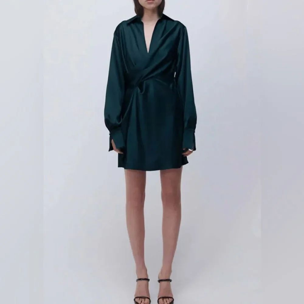 Simkhai TALIT Emerald Green Drape Front Long Sleeve Holiday Mini Dress